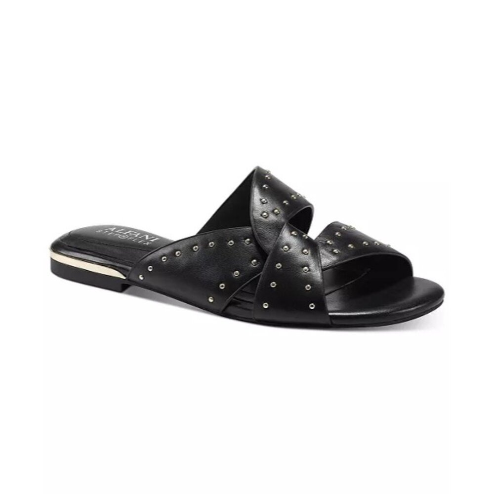 Alfani Danicah Studded Flat Slide Sandals Leather Womens Black Size 6.5 M
